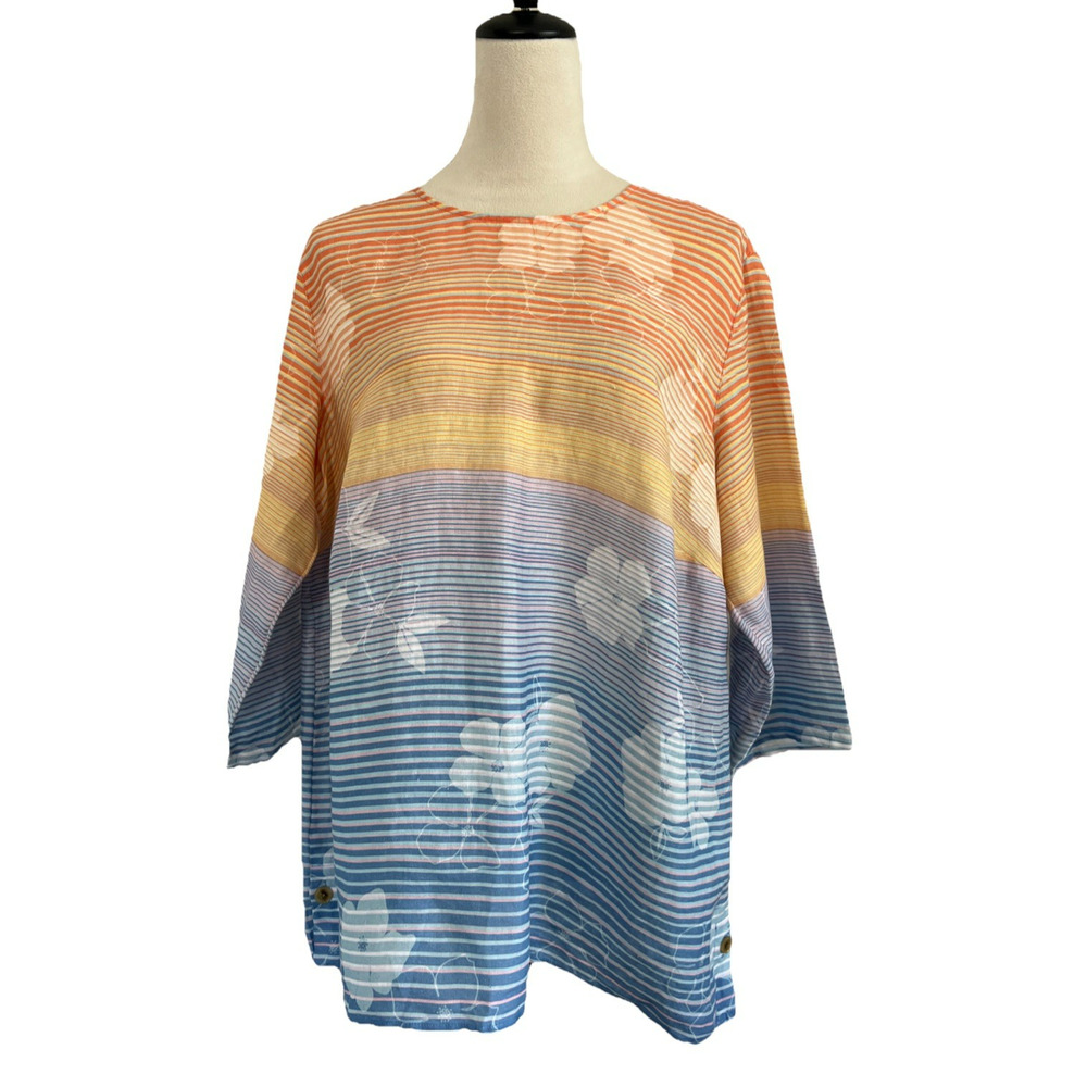 NWT J. Jill Love Linen Tunic Top Women 1X Floral Sunset Blouse 3/4 Sleeves Linen - Picture 2 of 11